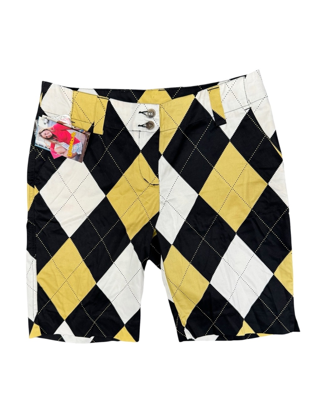 Loudmouth Ladies Golf Argyle Plaid Long Shorts Bermuda Yellow Black White 6 NEW